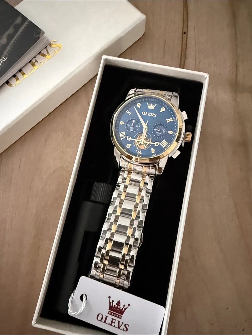 OLEVS Men's Blue Dial Chronograph Watch with Gold Accents